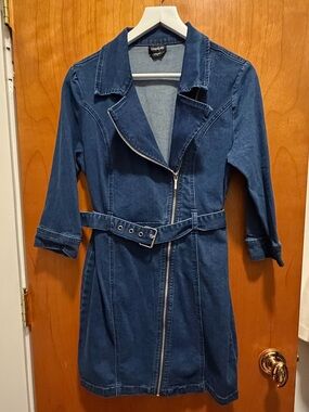 bebe Dark Blue Denim Zip-Belt Jacket